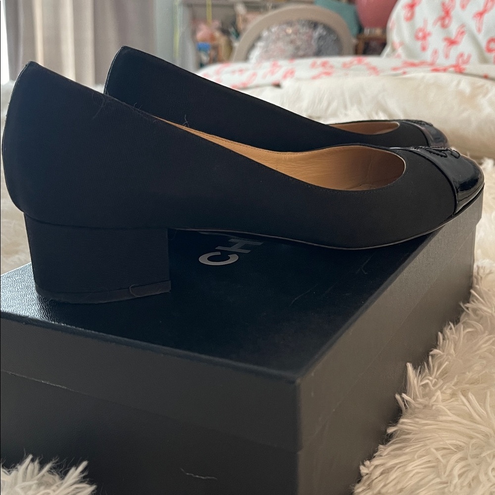 Authentic Chanel black fabric shoe with 1.5” heel. Patent toe with CC logo. $725 - Picture 5 of 6